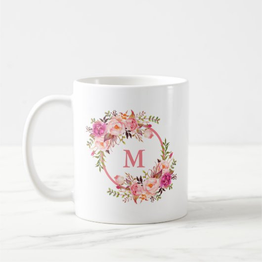 Waterverf Roze Bloemige Monogram Koffiemok (Links)