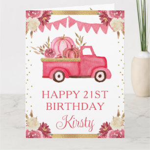 Waterverf Roze Bloemige Pompoenen Truck Verjaardag Kaart