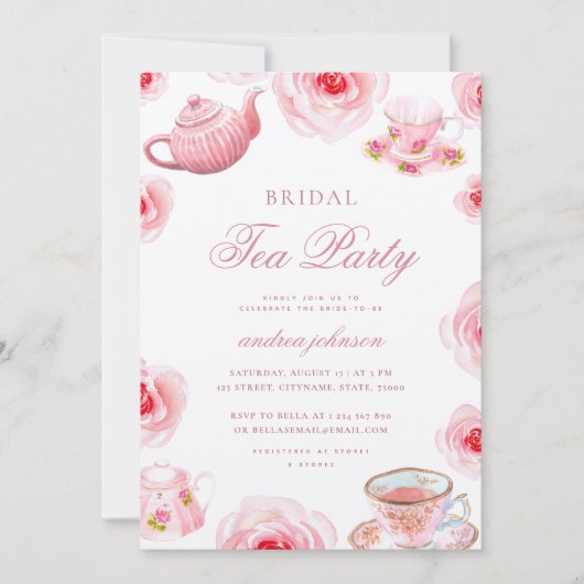 Waterverf Roze Bloemige Theepartij Bruidsfeest Kaart (Voorkant)