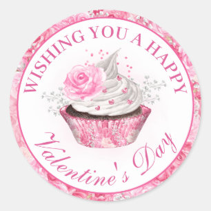 Waterverf Roze Bloemige Valentijnsdag Cupcake Ronde Sticker