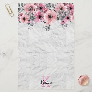 Waterverf Roze Bloemige Verkreukelde Textuur Monog Briefpapier