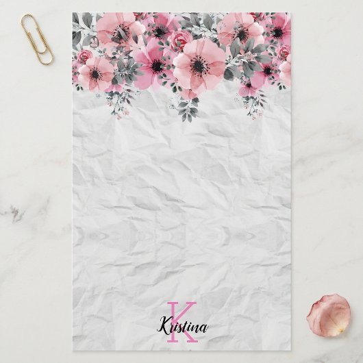 Waterverf Roze Bloemige Verkreukelde Textuur Monog Briefpapier