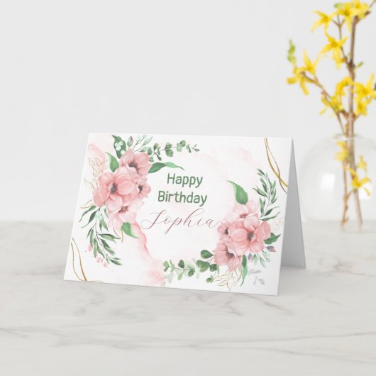 Waterverf Roze Bloemige Vouwkaart Kaart (Gele Bloem)