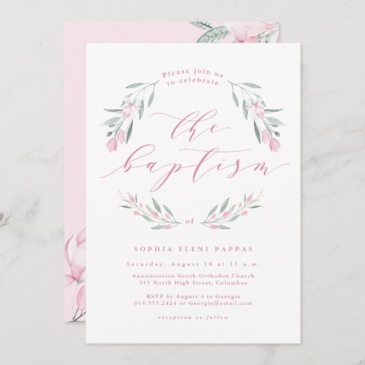 Waterverf roze bloemmeisje baptisme uitnodiging (Voorkant / Achterkant)