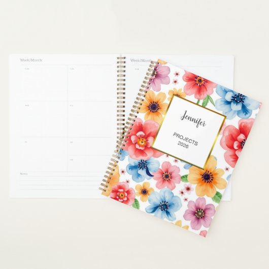 Waterverf roze bloempatroon monogram naam planner (Display)