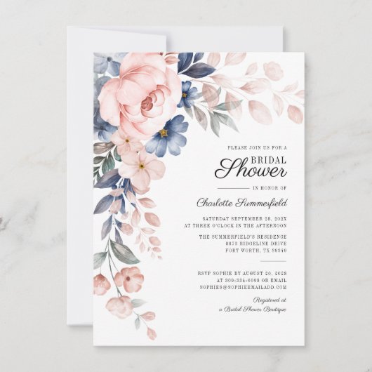 Waterverf Roze Bloemrijke Script Bruidsuitnodiging Kaart (Voorkant)