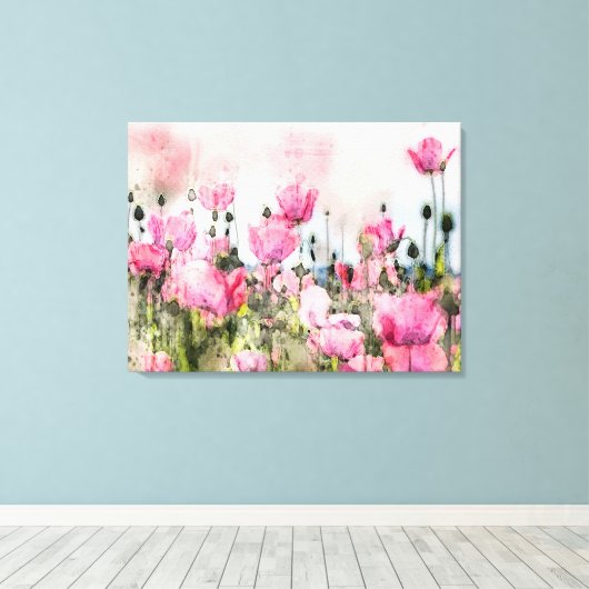 Waterverf roze bloemschilderij canvas afdruk (Insitu (Houten vloer))