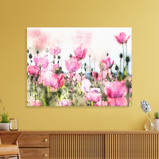 Waterverf roze bloemschilderij canvas afdruk (Insitu (Woonkamer))