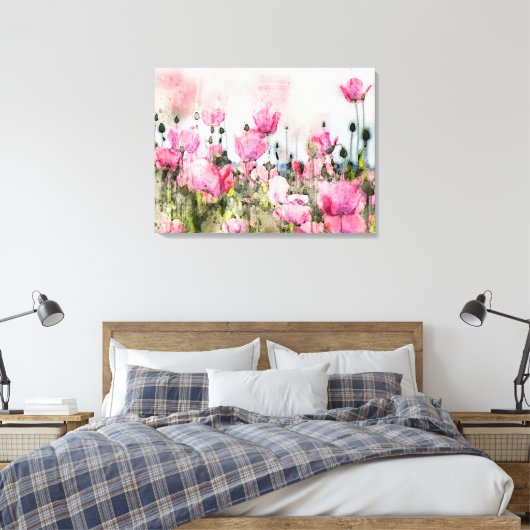 Waterverf roze bloemschilderij canvas afdruk (Insitu (Slaapkamer))