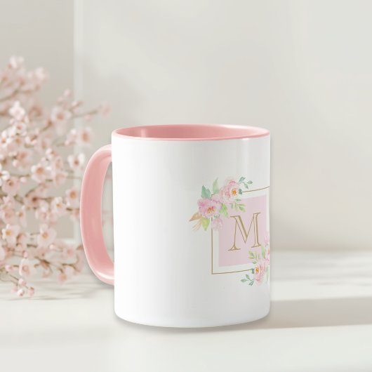 Waterverf Roze Bloemstuk Aangepaste Initiële Cadea Mok