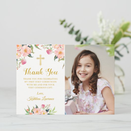 Waterverf Roze Bloemstuk Heilige Communie Bedankt Kaart (Staand voorkant)