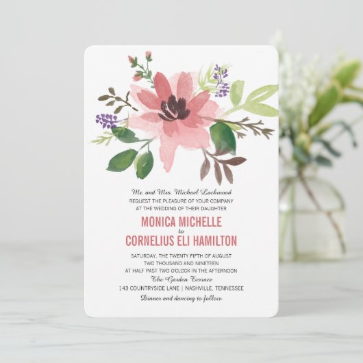 Waterverf Roze Bloemuitbarsting | Bruiloft Kaart (Staand voorkant)