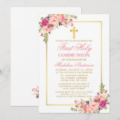 Waterverf Roze bloesem Eerste communiqué Gold Kaart (Voorkant / Achterkant)