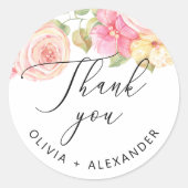 Waterverf roze bloesse bruiloft bedankt ronde sticker (Voorkant)
