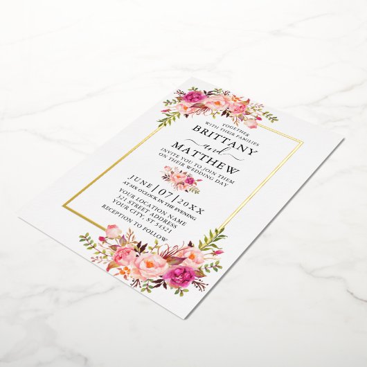 Waterverf Roze bloesse bruiloft goud Folie Uitnodiging (Gedraaid)