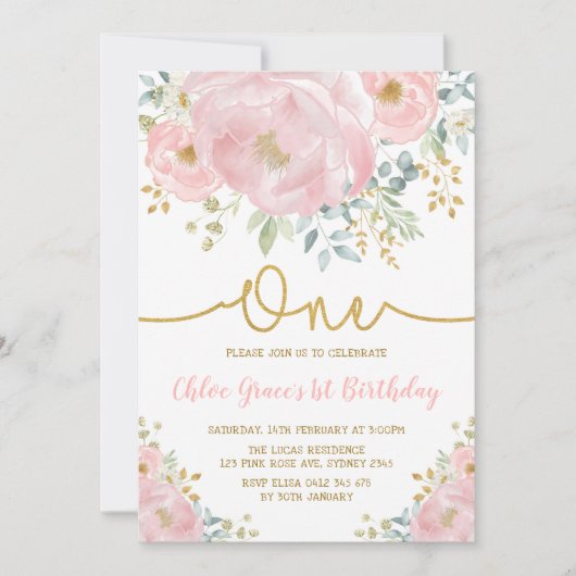 Waterverf Roze bloesse eerste verjaardag Kaart (Voorkant)