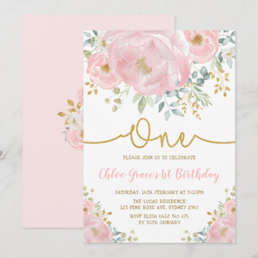 Waterverf Roze bloesse eerste verjaardag Kaart (Voorkant / Achterkant)