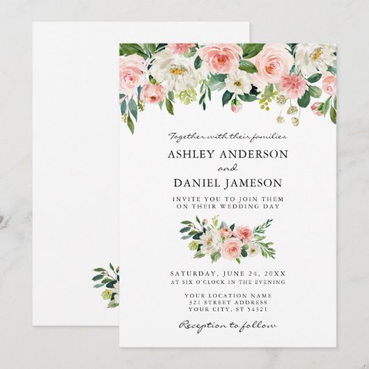 Waterverf Roze bloesse elegante bruiloft W Kaart (Voorkant / Achterkant)