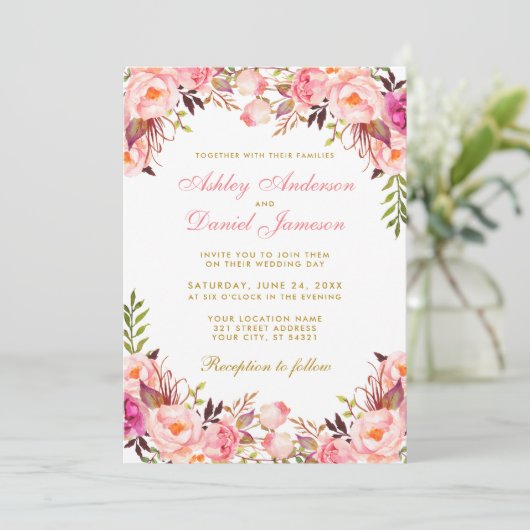 Waterverf Roze bloesse gouden bruiloft Kaart (Staand voorkant)