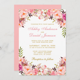 Waterverf Roze bloesse gouden bruiloft Kaart