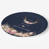 Waterverf Roze Blos Antelopen Navy Bruiloft Papieren Bordje (Gekanteld)