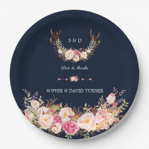 Waterverf Roze Blos Florale Geweien Navy Bruiloft Papieren Bordje