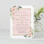 Waterverf Roze Blosems Goud Sweet 16 Kaart (Staand voorkant)