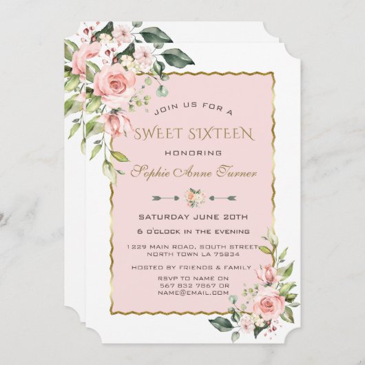 Waterverf Roze Blosems Goud Sweet 16 Kaart (Voorkant / Achterkant)
