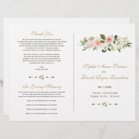 Waterverf Roze Blosems Trouwprogramma (Voorkant / Achterkant)