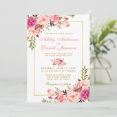 Waterverf Roze blozen Floral Foto Gold Wedding Kaart (Staand voorkant)