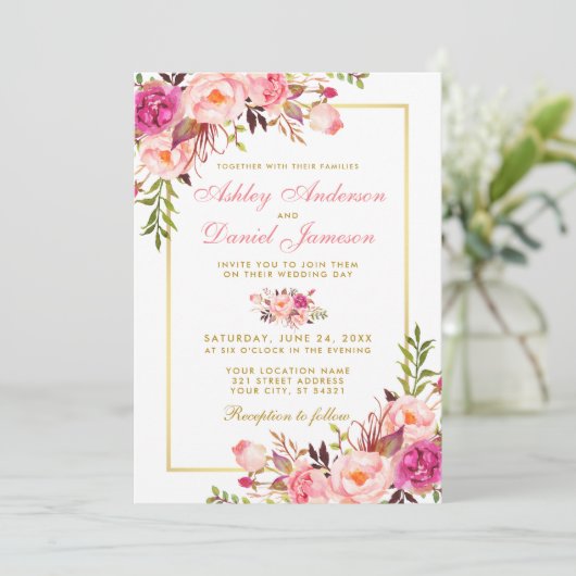 Waterverf Roze blozen Floral Foto Gold Wedding Kaart (Staand voorkant)