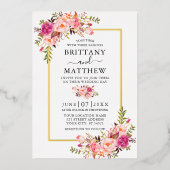 Waterverf Roze blozen Floral Foto Weddenschap Gold Folie Uitnodiging (Voorkant)