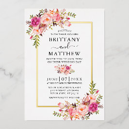 Waterverf Roze blozen Floral Foto Weddenschap Gold Folie Uitnodiging