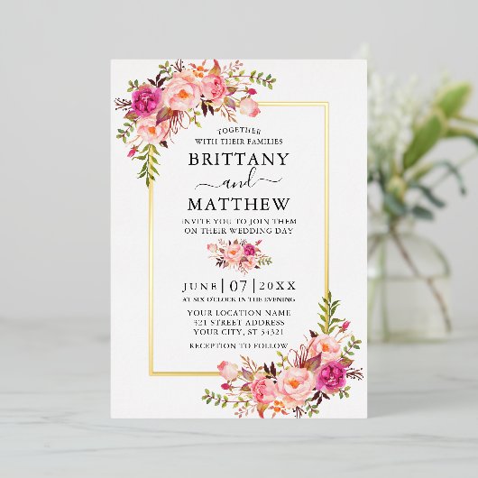 Waterverf Roze blozen Floral Foto Weddenschap Gold Folie Uitnodiging (Staand Voorkant)