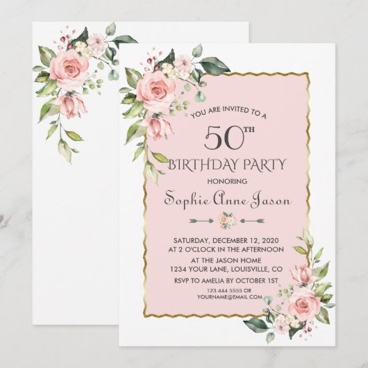 Waterverf Roze blozen Floral Gold 50e verjaardag Kaart (Voorkant / Achterkant)
