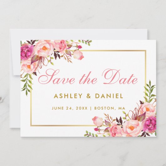 Waterverf Roze blozen Floral Gold sparen de datum Save The Date (Voorkant)