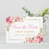 Waterverf Roze blozen Floral Gold sparen de datum Save The Date (Staand voorkant)