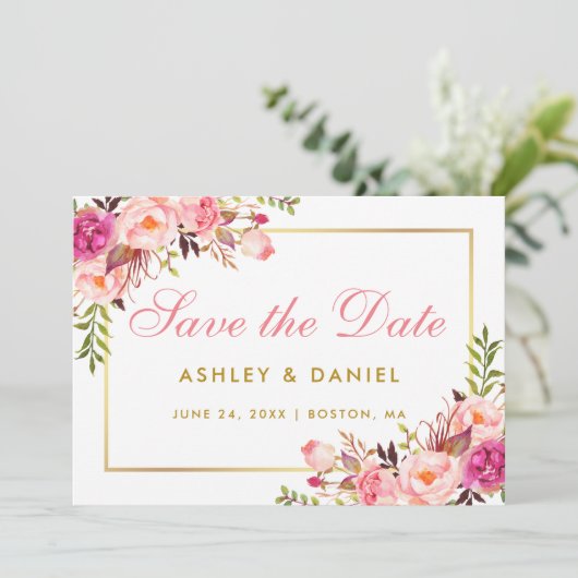 Waterverf Roze blozen Floral Gold sparen de datum Save The Date (Staand voorkant)