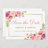 Waterverf Roze blozen Floral Gold sparen de datum Save The Date (Voorkant / Achterkant)