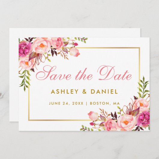 Waterverf Roze blozen Floral Gold sparen de datum Save The Date (Voorkant / Achterkant)