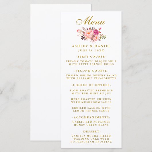 Waterverf Roze blozen Floral Wedding Gold Menu (Voorkant / Achterkant)