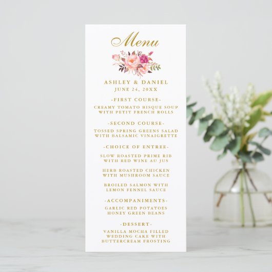 Waterverf Roze blozen Floral Wedding Gold Menu (Staand voorkant)