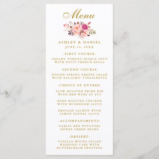 Waterverf Roze blozen Floral Wedding Gold Menu (Voorkant)