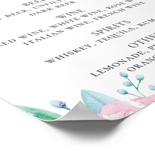 Waterverf roze blozen florale script bruiloft drin poster (Hoek)