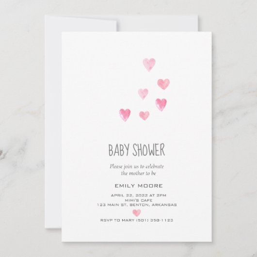 Waterverf roze blozen harten simpel baby shower kaart (Voorkant)