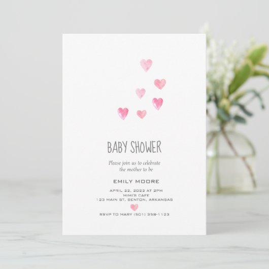 Waterverf roze blozen harten simpel baby shower kaart (Staand voorkant)