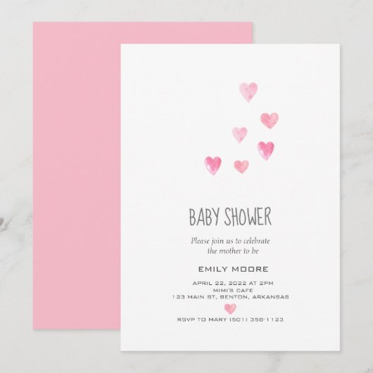 Waterverf roze blozen harten simpel baby shower kaart (Voorkant / Achterkant)