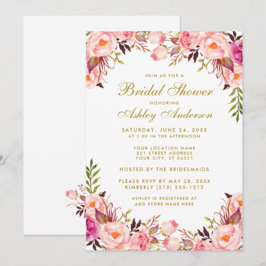 Waterverf Roze blozen Vrijgezellenfeest Gold Kaart (Voorkant / Achterkant)