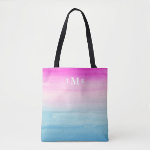 Waterverf Roze Blue Ombre Monogram Tote Bag