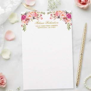 Waterverf Roze Blush Bloem Goud Persoonlijk Briefpapier